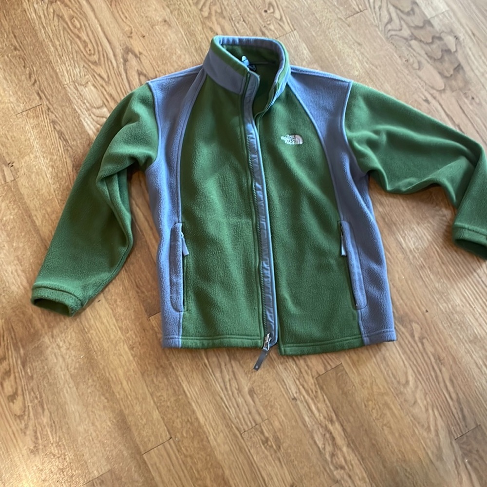 Boys size Large green and grey North Face fleece jacket